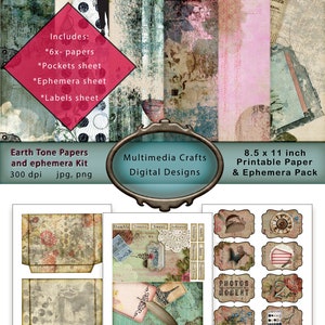 Erdfarbene Papiere und Ephemera Kit.  Kommerzielle Nutzung digitaler Download. Papiere, Etiketten, Karten, Worte. Scrapbook, Junk Journal