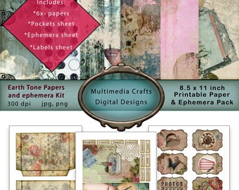 Earth Tone Papers and Ephemera Kit.  Commercial Use digital download. papers, labels, cards, words. Scrapbook, junk journal