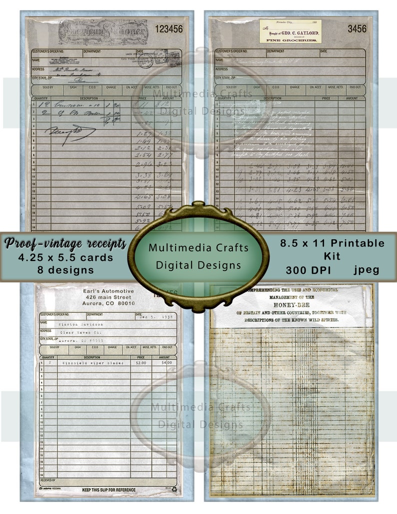 Proof_digital receipts. 4.25 x 5.5 vintage style receipts. Journal, scrapbook, mixed media printable paper image 2