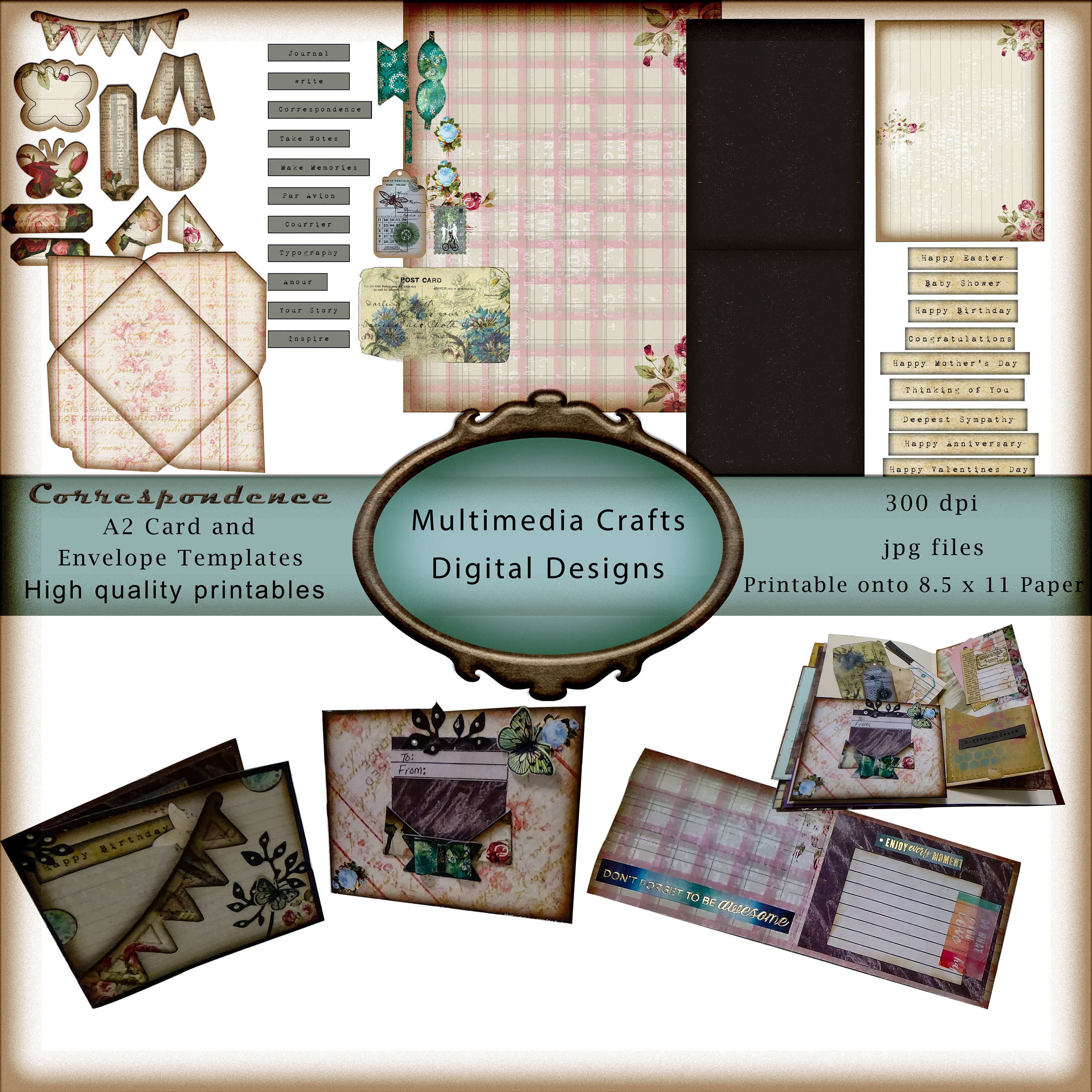 Correspondence A20 Card and Envelope Template. Commercial Use Digital kit.  Cards, junk journal, ephemera, scrapbook, mixed media With Regard To A2 Card Template