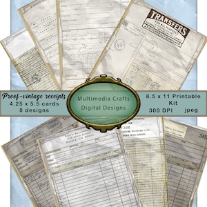 Peut inclure: Un kit numérique imprimable de huit designs de reçus vintage. Les reçus sont dans différentes nuances de brun et de crème avec du texte manuscrit et des lignes estompées. Le kit mesure 8,5 pouces par 11 pouces et 300 DPI.