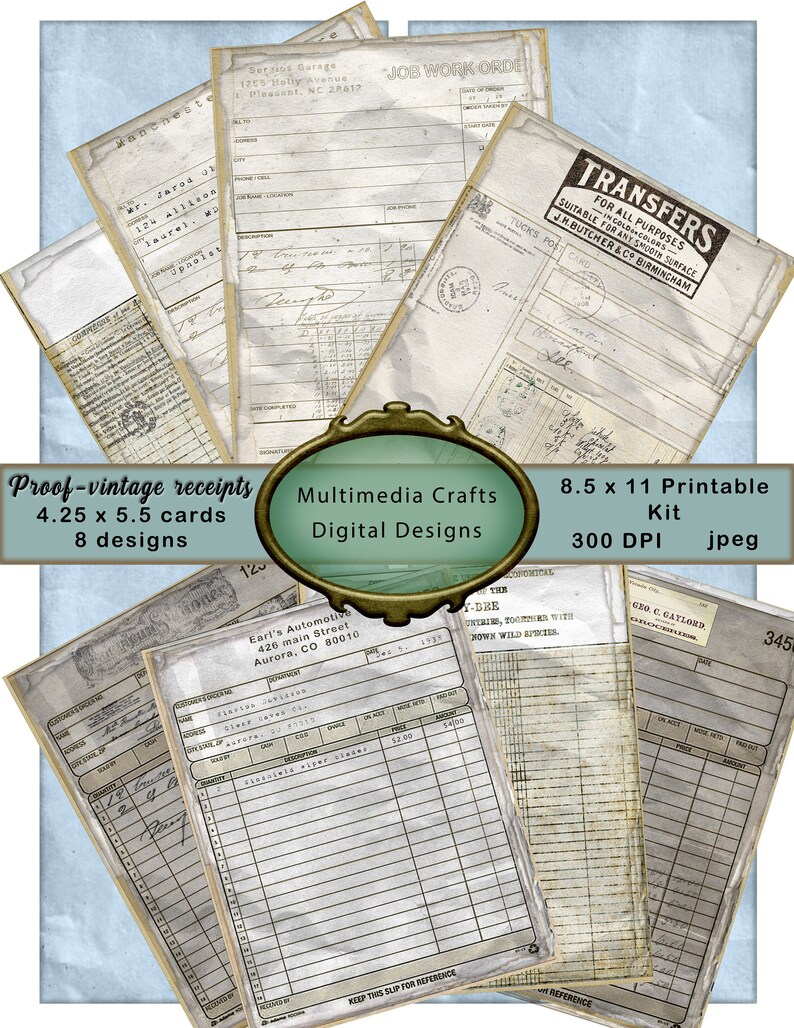 Proof_digital receipts. 4.25 x 5.5 vintage style receipts. Journal, scrapbook, mixed media printable paper image 1