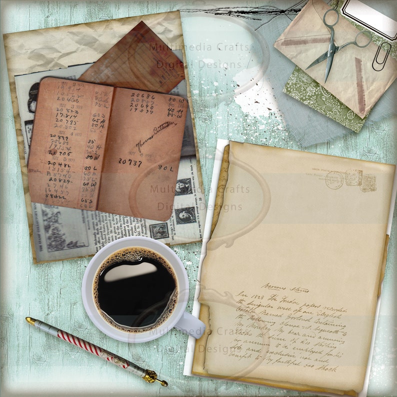 May include: A vintage-style image with a cup of coffee, a pen, a notebook with handwritten numbers, and a piece of paper with handwritten text. The background is a light blue, textured surface with a vintage feel.