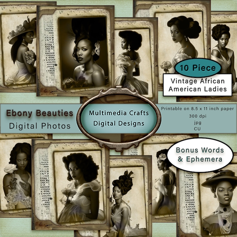 Ebony Beauties Digital Photos Kit. Vintage African Americans, Junk Journal, Scrapbooking, Cards, Tags, Mixed Media image 1