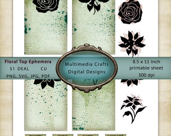 Floral Top Ephemera Kit. CU. Tags, shabby chic, words, embellishments, Digital  Printable.