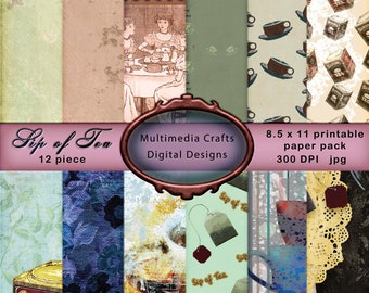8.5 x 11" Sip of Tea Digital Paper kit. Commercial Use. Photography, scrapbook, cards, tags, junk journals, mixed media