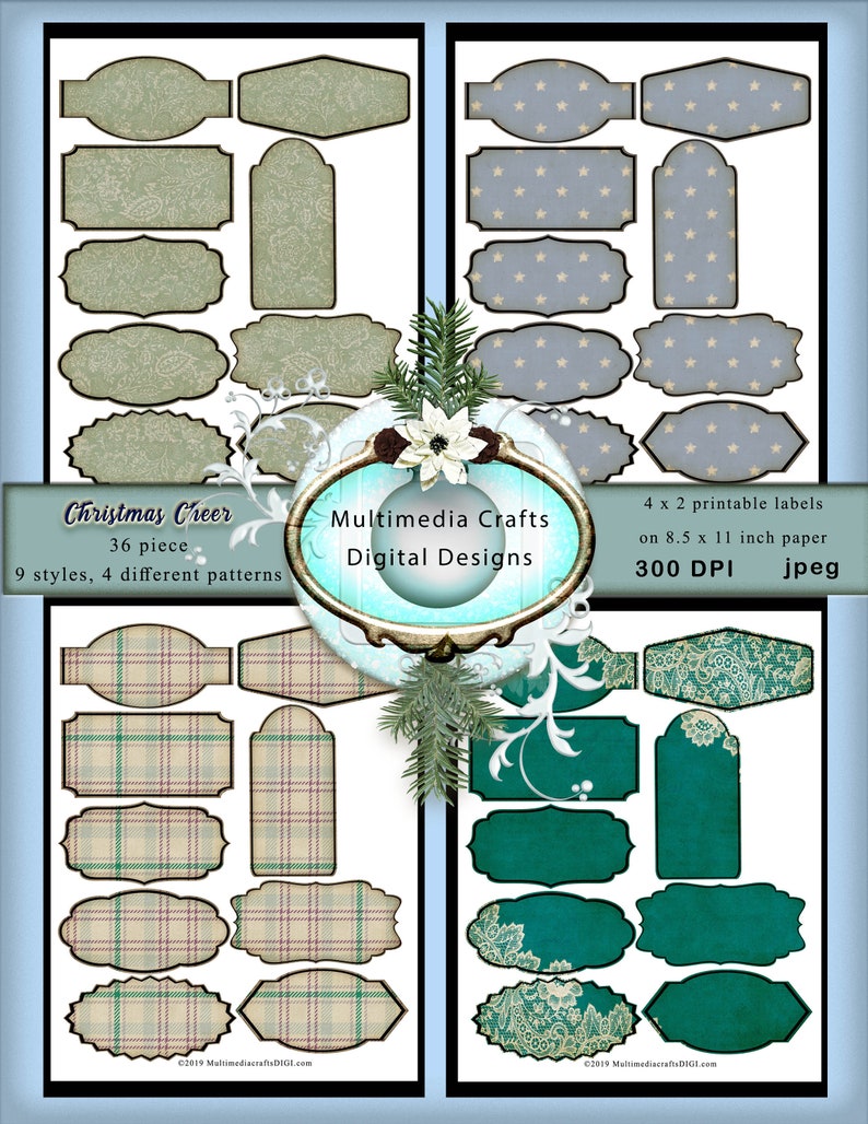 Christmas Cheer 4 x 2 digital labels. Commercial Use. Mixed media, scrapbook, journal, tags, cards image 2