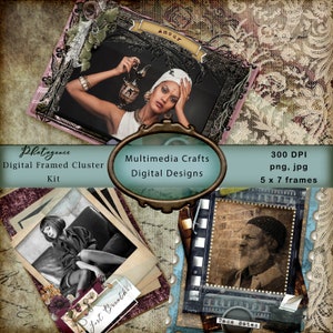 Può includere: Un kit di collage digitale con sette cornici in stile vintage. Le cornici sono di vari colori e stili, tra cui bianco e nero, seppia e colore. Le cornici sono disposte in un gruppo, con alcune sovrapposte. Le cornici sono circondate da uno sfondo di carta vecchia, pizzo e altri elementi decorativi. Il testo "Photogenie Digital Framed Cluster Kit" è nella parte superiore dell'immagine. Il testo "Multimedia Crafts Digital Designs" è al centro dell'immagine. Il testo "300 DPI png, jpg 5 x 7 frames" è nella parte inferiore dell'immagine.