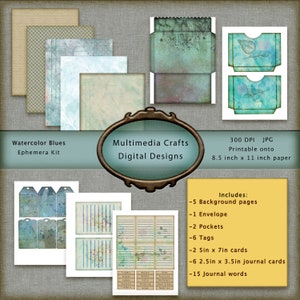 Watercolor Blues Ephemera Kit. CU Digital paper, Journal cards, Tags, Words, Pockets, Envelope