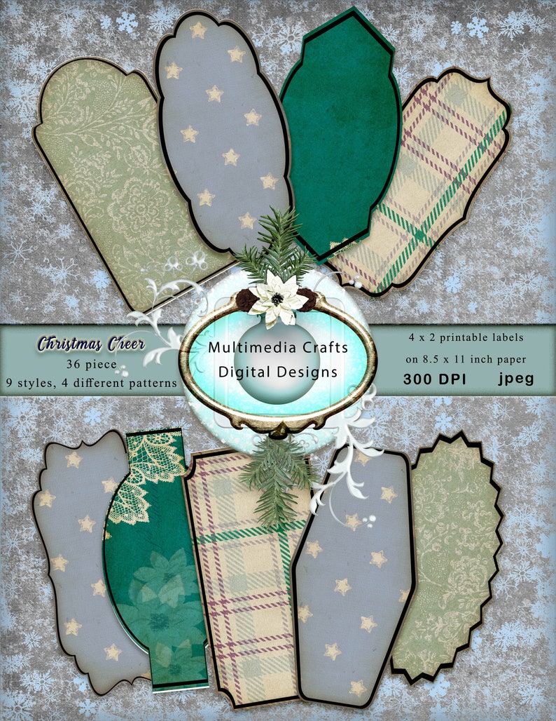 Christmas Cheer 4 x 2 digital labels. Commercial Use. Mixed media, scrapbook, journal, tags, cards image 1