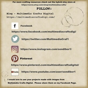 May include: A graphic with the text "FOLLOW:" and links to the social media accounts for Multimedia Crafts Digital. The social media platforms include Facebook, Twitter, Instagram, Pinterest, and YouTube.