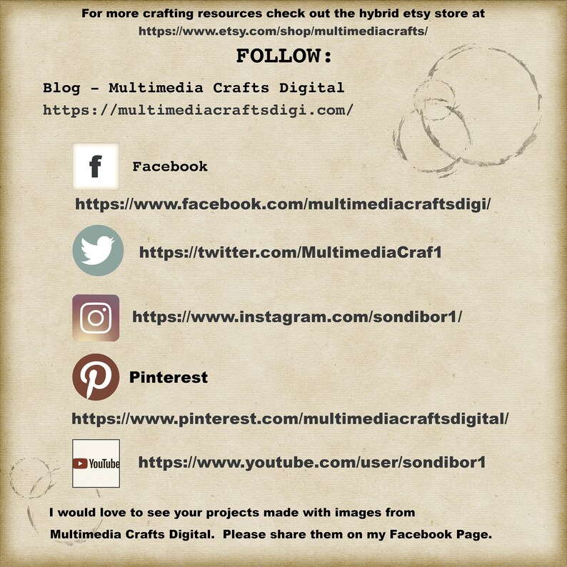 May include: A graphic with the text "FOLLOW:" and links to the social media accounts for Multimedia Crafts Digital. The social media platforms include Facebook, Twitter, Instagram, Pinterest, and YouTube.