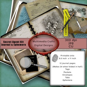 Secret Agent Journal & Ephemera Kit.  Digital download. Detective, Mystery theme.  Vintage, Journal pages, Tags, pockets