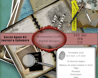 Secret Agent Journal & Ephemera Kit.  Digital download. Detective, Mystery theme.  Vintage, Journal pages, Tags, pockets