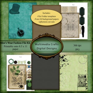 Könnte beinhalten: Ein digitales Download-Kit für Herrenmode mit vier Hintergrundpapieren, Dateiordner-Vorlagen und Ephemera-Ausschnitten. Das Kit ist auf Papier im Format 8,5 x 11 Zoll druckbar. Das Bild zeigt eine Illustration im Vintage-Stil eines Mannes im Anzug und Hut.