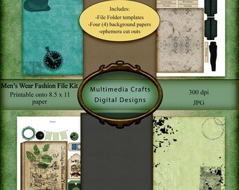 5x7 Men's Wear Fashion File folder Kit.  Journal, cards, tags, mixed media. Grunge, Steampunk, Vintage