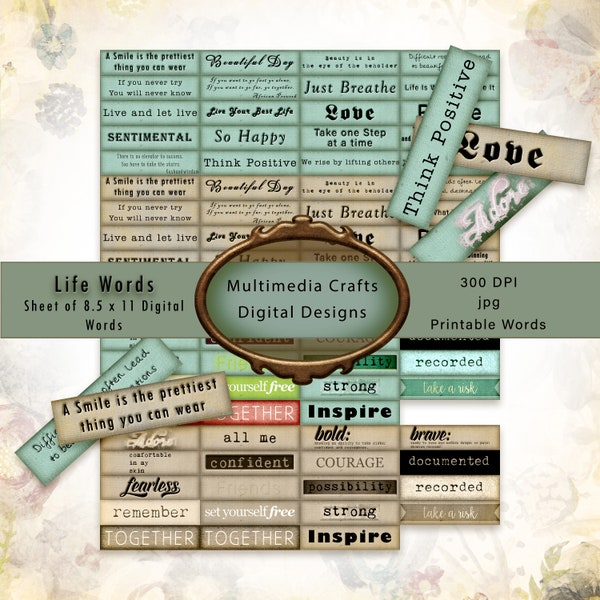 Life Words digitale download.  Afdrukbaar commercieel gebruik blad van woorden.  Ephemera, Scrapbook, junk journal, mixed media