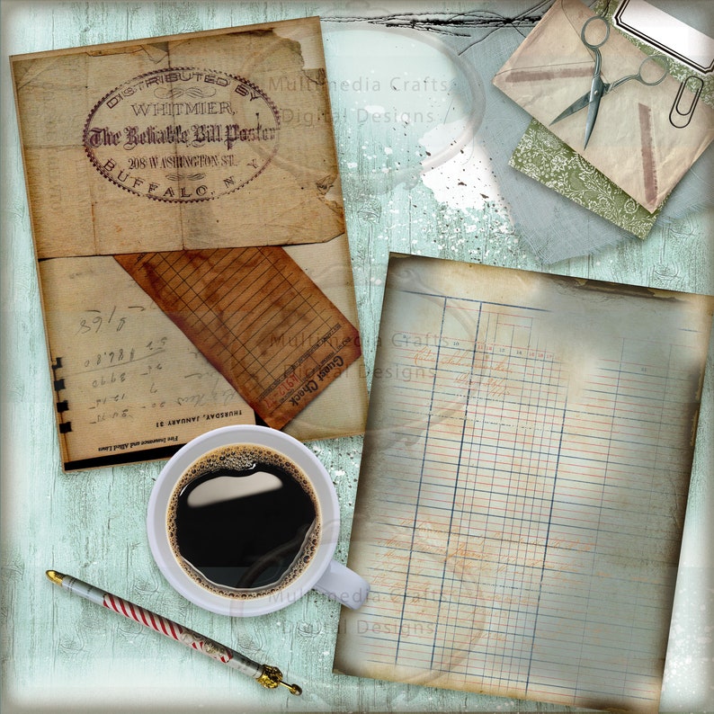 May include: A vintage-style image with a cup of coffee, a pen, and several pieces of paper with handwritten text and a stamp that reads "The Reliable Bill Poster". The background is a light blue color with a distressed texture.