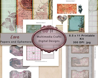 Love Ephemera Kit, Shabby Chic Papers, Valentine Journal (Digital Download)