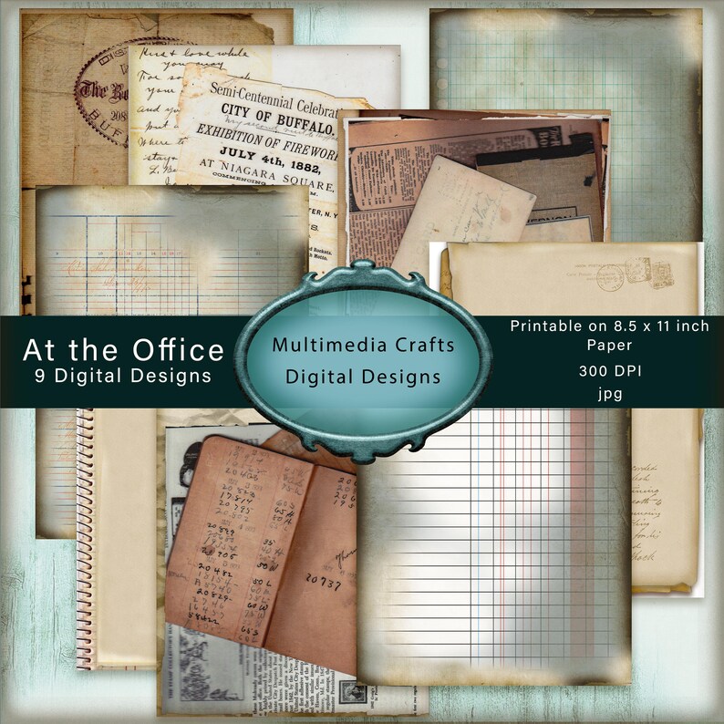 May include: Nine digital paper designs with a vintage aesthetic. The papers feature various textures, including lined, gridded, and ledger paper. The papers are perfect for scrapbooking, card making, and other paper crafts.