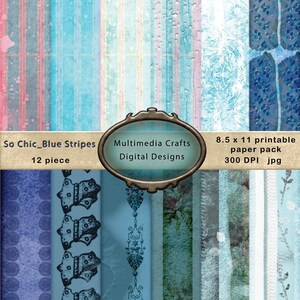 Kit de papel digital Commercial Use_So Chic_Blue Stripes 8.5".x 11". Scrapbooking, diario basura, Photoshop, Superposición, técnica mixta