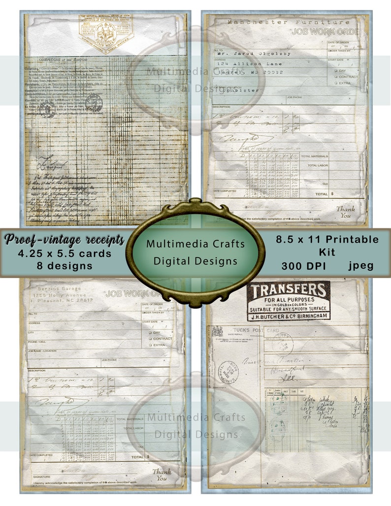 Proof_digital receipts. 4.25 x 5.5 vintage style receipts. Journal, scrapbook, mixed media printable paper image 3