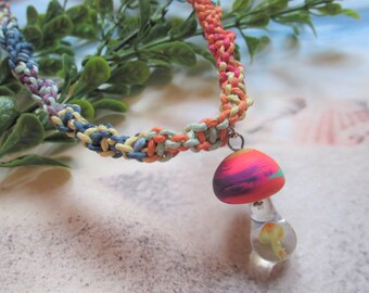 Custom Rasta Hemp Necklace with Choice of Glass Mushroom Pendant Boho Hemp Jewelry Hemp Necklace Retro Hippie Glass Mushroom Pendant
