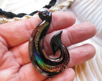 Fish Hook Pendant Hemp Jewelry Hemp Necklace Custom Hemp Necklace with Red and Rainbow Dichroic Glass Fish Hook Pendant Beach Hippie