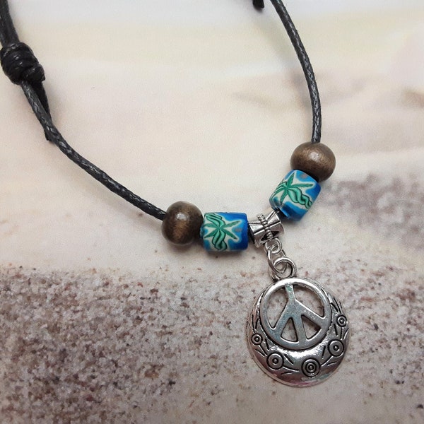 Peace Sign Necklace, Peace Sign Pendant, Adjustable Black Cotton Cord Necklace with Silver Peace Sign Charm and Vintage Clay Beads