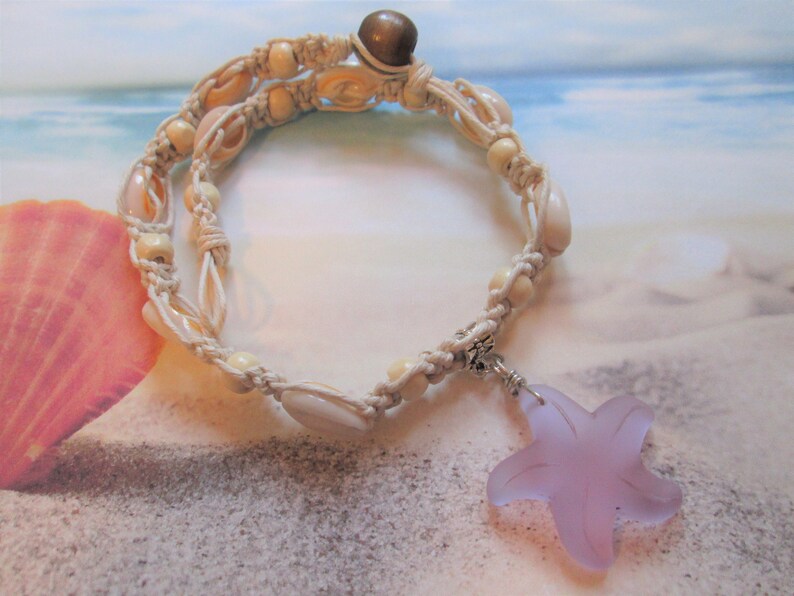 Hemp Jewelry Hemp Necklace Starfish Pendant Custom Hemp Necklace with Pink Sea Glass Starfish Pendant and Cowrie Shells Beach Jewelry