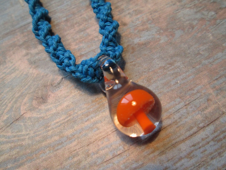 Custom Hemp Jewelry Layering Hemp Necklace Custom Hemp Necklace with Glass Orange Mushroom Pendant Boho Hippie Mushroom Pendant Retro