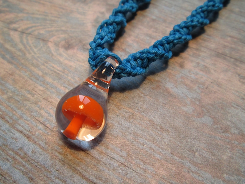Custom Hemp Jewelry Layering Hemp Necklace Custom Hemp Necklace with Glass Orange Mushroom Pendant Boho Hippie Mushroom Pendant Retro