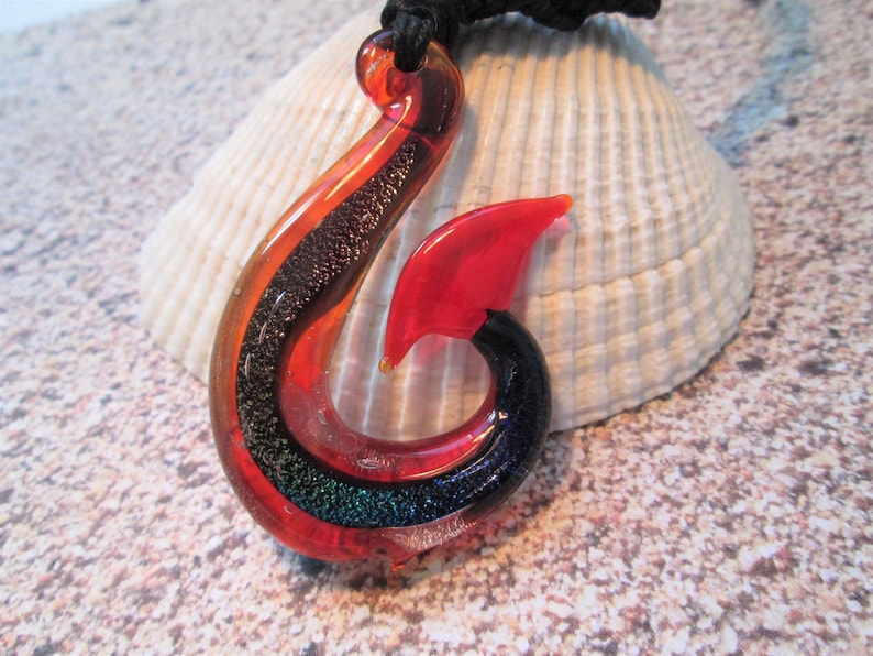 Fish Hook Pendant Hemp Jewelry Hemp Necklace Custom Hemp Necklace with Red and Rainbow Dichroic Glass Fish Hook Pendant Beach Hippie