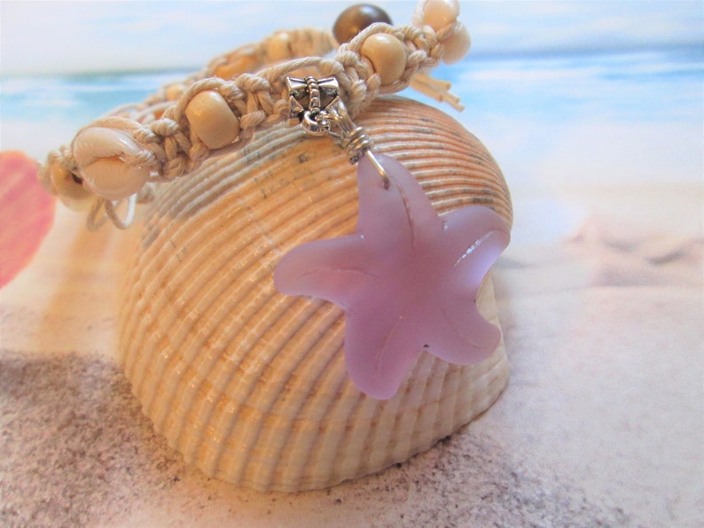 Hemp Jewelry Hemp Necklace Starfish Pendant Custom Hemp Necklace with Pink Sea Glass Starfish Pendant and Cowrie Shells Beach Jewelry