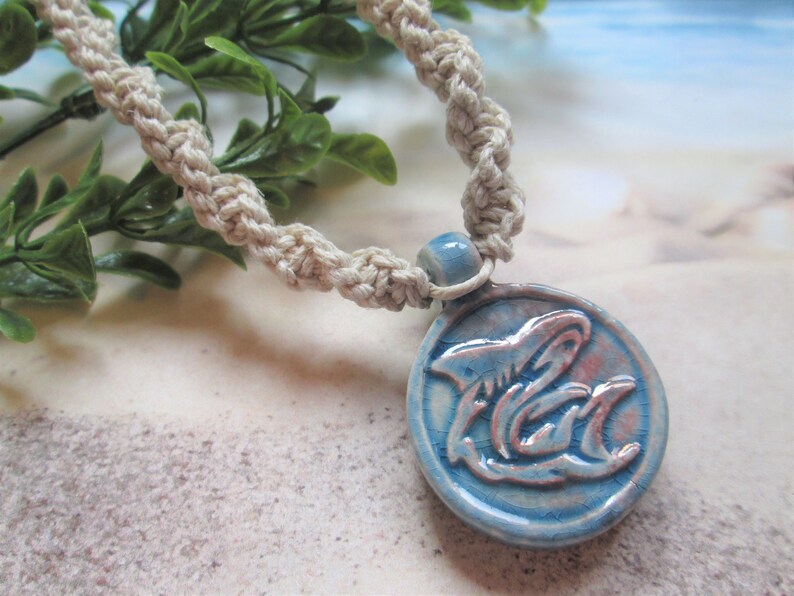 Zen Shark Pendant Hemp Jewelry Beach Jewelry Handmade Custom Hemp Raku Ceramic Blue Shark Necklace Stacking Jewelry Hemp Necklace