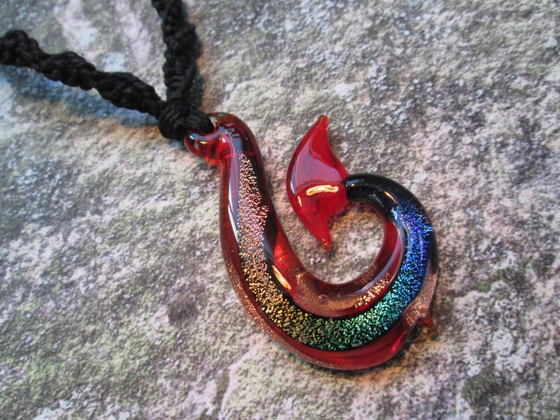 Fish Hook Pendant Hemp Jewelry Hemp Necklace Custom Hemp Necklace with Red and Rainbow Dichroic Glass Fish Hook Pendant Beach Hippie