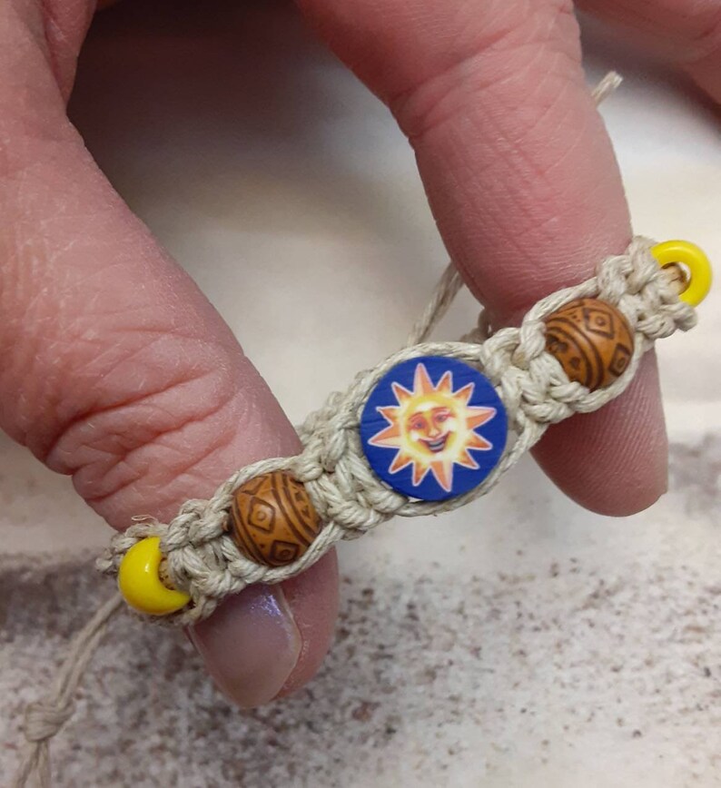 Hemp Bracelet, Sun Bracelet, Hemp Jewelry, Custom Adjustable Hemp Boho Bracelet with Vintage Smiling Sun Clay Bead, Hippie 