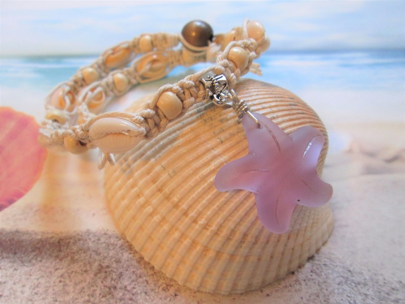 Hemp Jewelry Hemp Necklace Starfish Pendant Custom Hemp Necklace with Pink Sea Glass Starfish Pendant and Cowrie Shells Beach Jewelry
