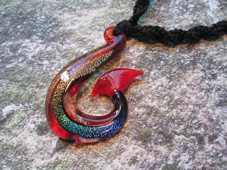 Fish Hook Pendant Hemp Jewelry Hemp Necklace Custom Hemp Necklace with Red and Rainbow Dichroic Glass Fish Hook Pendant Beach Hippie