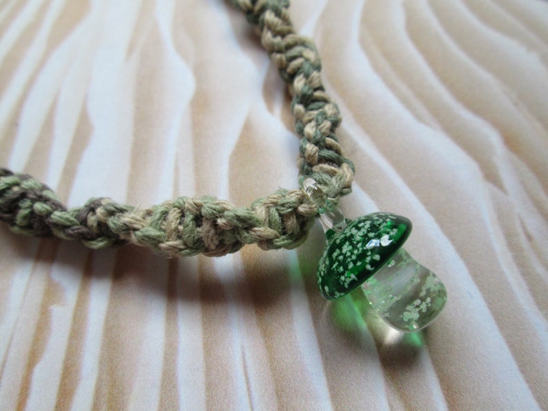 Custom Hemp Necklace with Glow in the Dark Green Glass Mushroom Pendant Hippie Hemp Necklace Mushroom Pendant Hemp Jewelry Beach Boho