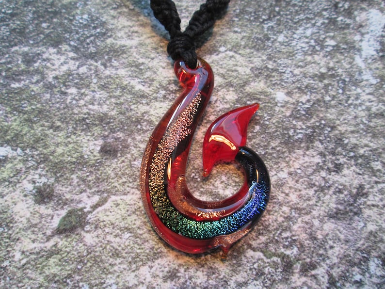 Fish Hook Pendant Hemp Jewelry Hemp Necklace Custom Hemp Necklace with Red and Rainbow Dichroic Glass Fish Hook Pendant Beach Hippie