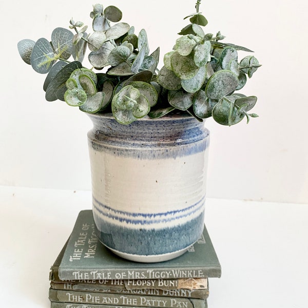 Vintage Studio Art Pottery Crock - Stoneware Earthenware Blue White Striped Jar Pot - Rustic Farmhouse Handmade Small Crock
