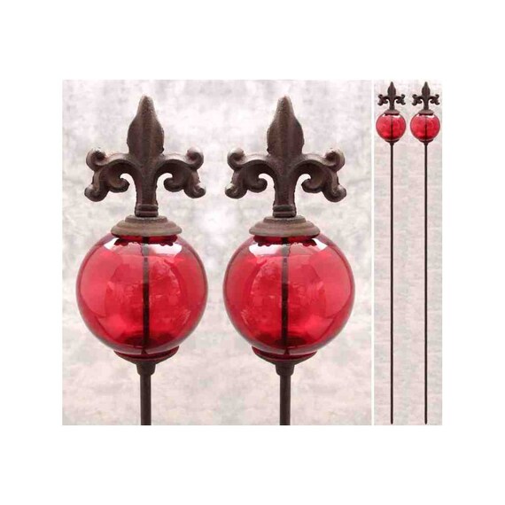 2 FLEUR-DE-LIS /& GREEN GLASS GLOBE Cast Iron GARDEN STAKES Yard Art Garden Decor