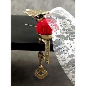 Solid BRASS SEWING BIRD Hemming Clamp with Velvet Pin Cushion ~ Victorian Design~ Sewing Third Hand Tool