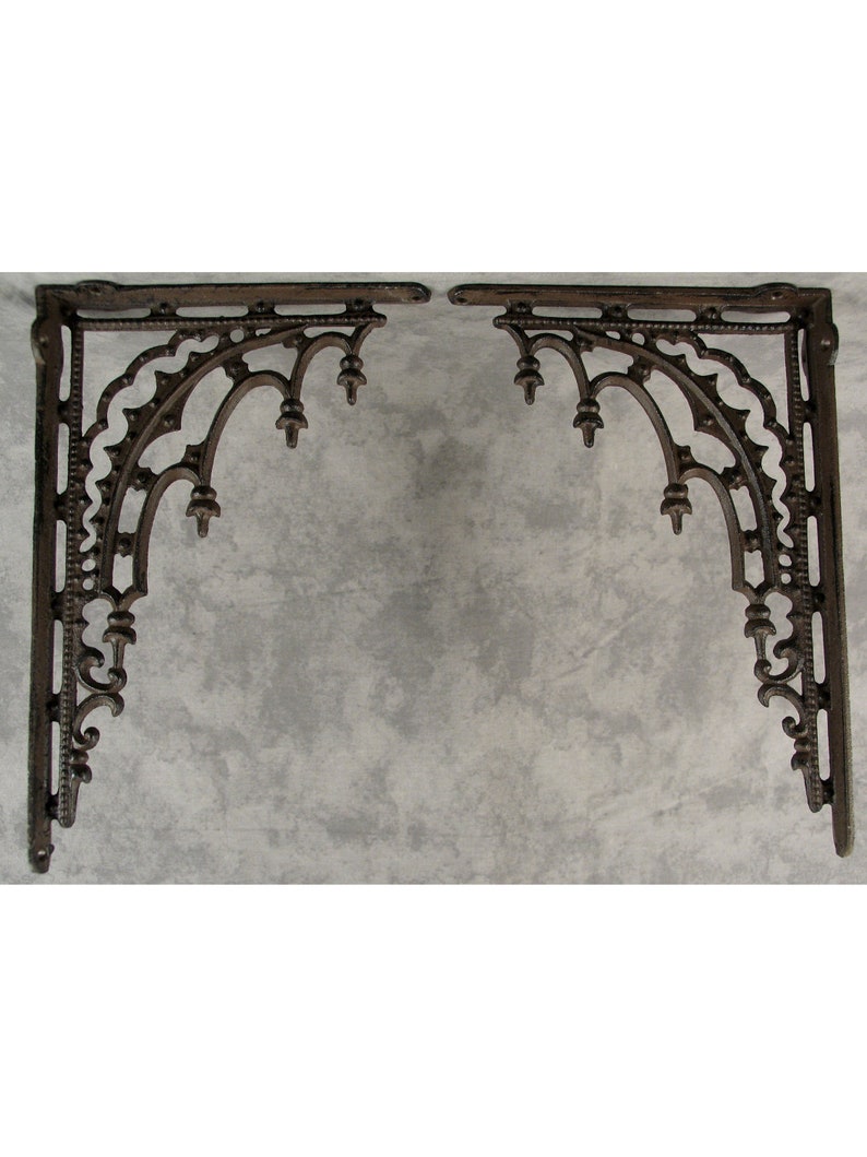 2 Architectural GOTHIC RENAISSANCE Cast Iron Shelf BRACKETS Wall Corner Brackets Antiqued Brown 