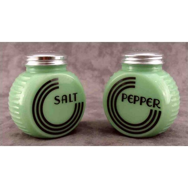 Jadeite GREEN Glass Art Deco Circle Design SALT & PEPPER Shaker Set Range Size