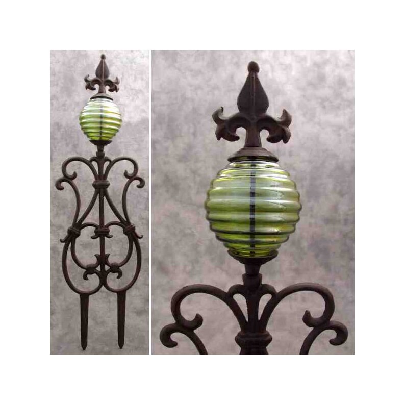 Fleur-de-lis & GREEN Glass GLOBE Cast Iron Garden STAKE Yard | Etsy