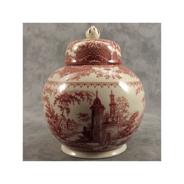 Red & Cream VICTORIAN COUNTRY Toile Transferware CANISTER Biscuit Cookie Jar