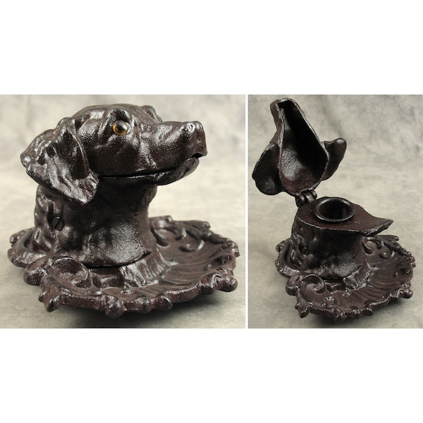 RETRIEVER DOG Cast Iron INKWELL with Pen Tray Hunting Dog Victorian Style