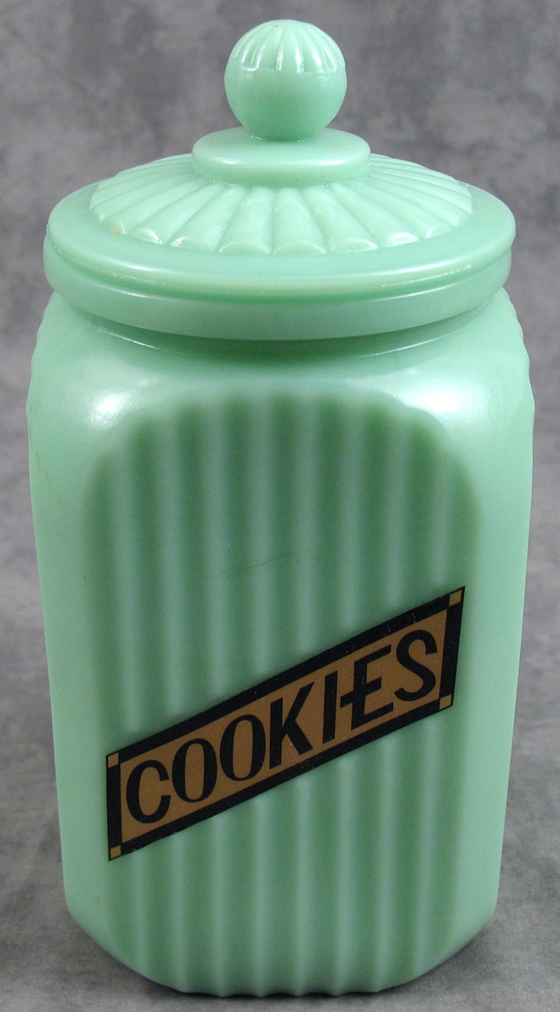 Jadeite GREEN Glass Tall COOKIE CANISTER Lidded Jar Gold Label Etsy
